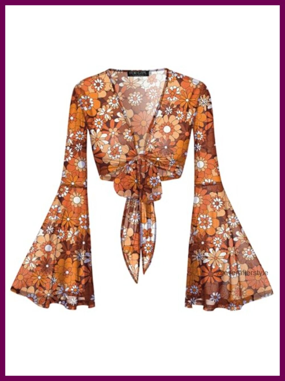 Women Tie Front Bell Sleeve Mesh Sheer Crop Top Floral Festival